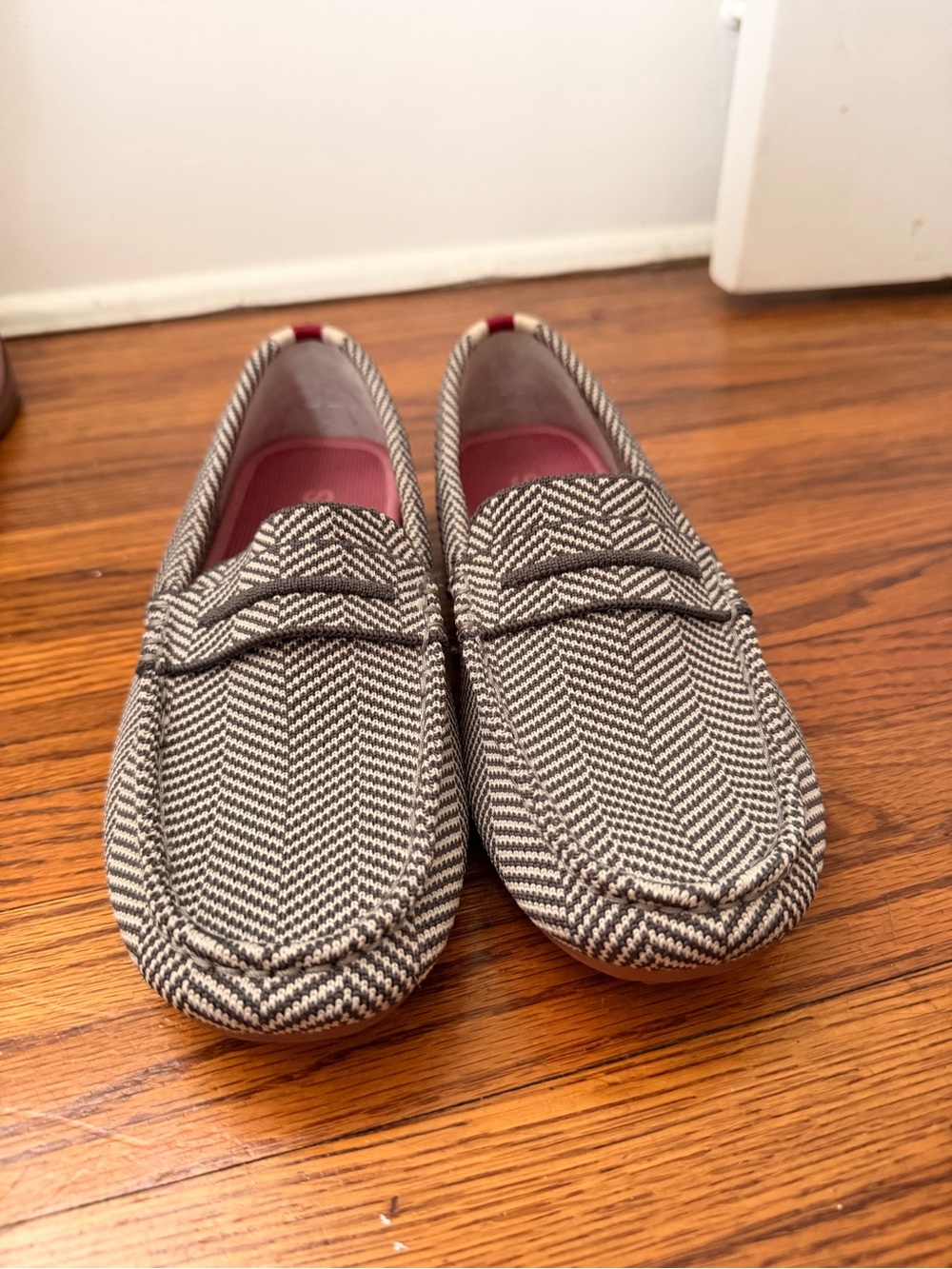 Rothy's Navy and White Herringbone Driver Flats